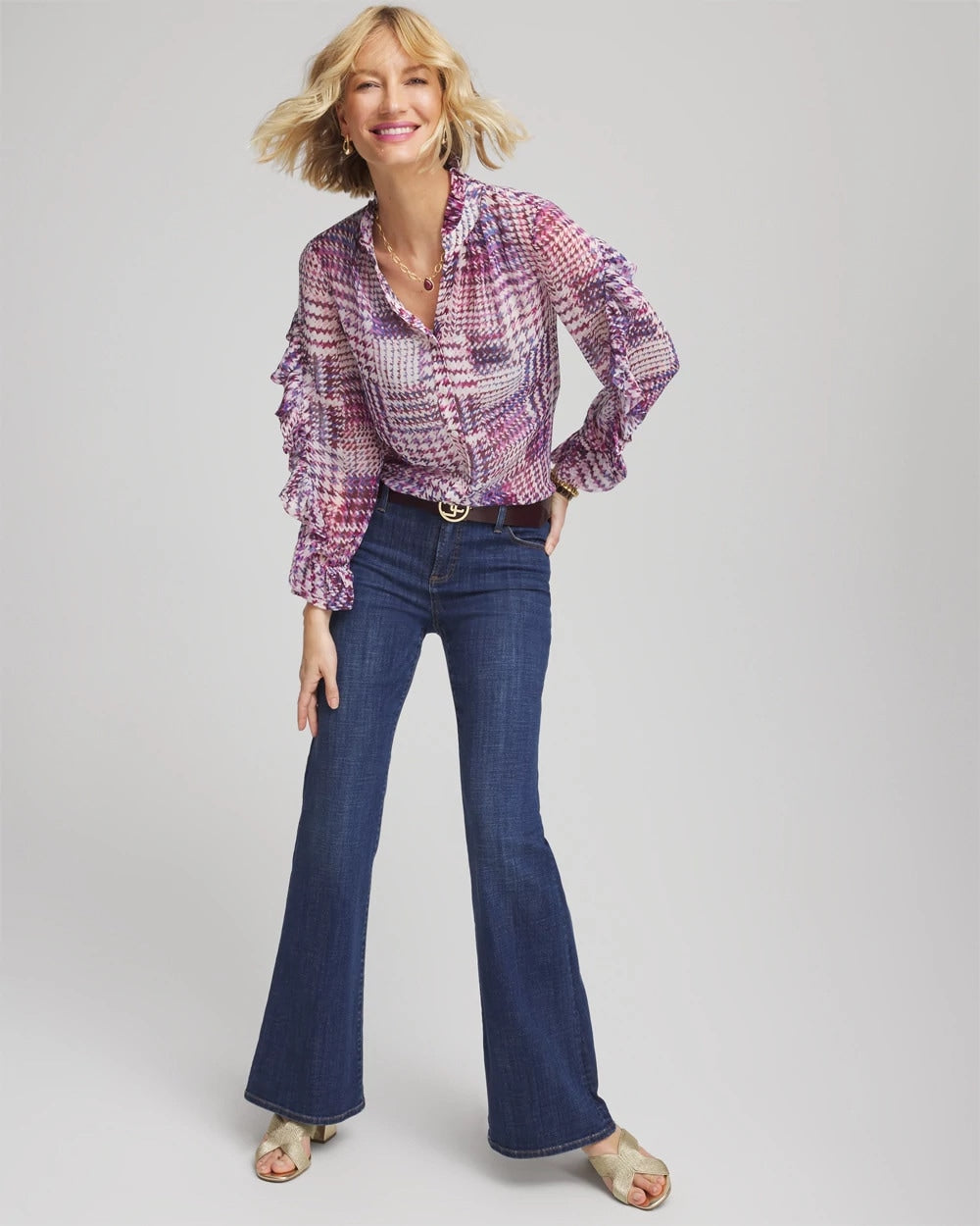Chico's | Gingham-Print Georgette Blouse/ Gooseberry