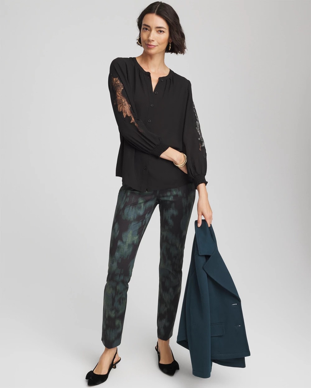 Chico's | Crepe Banded Collar Blouse/ Black