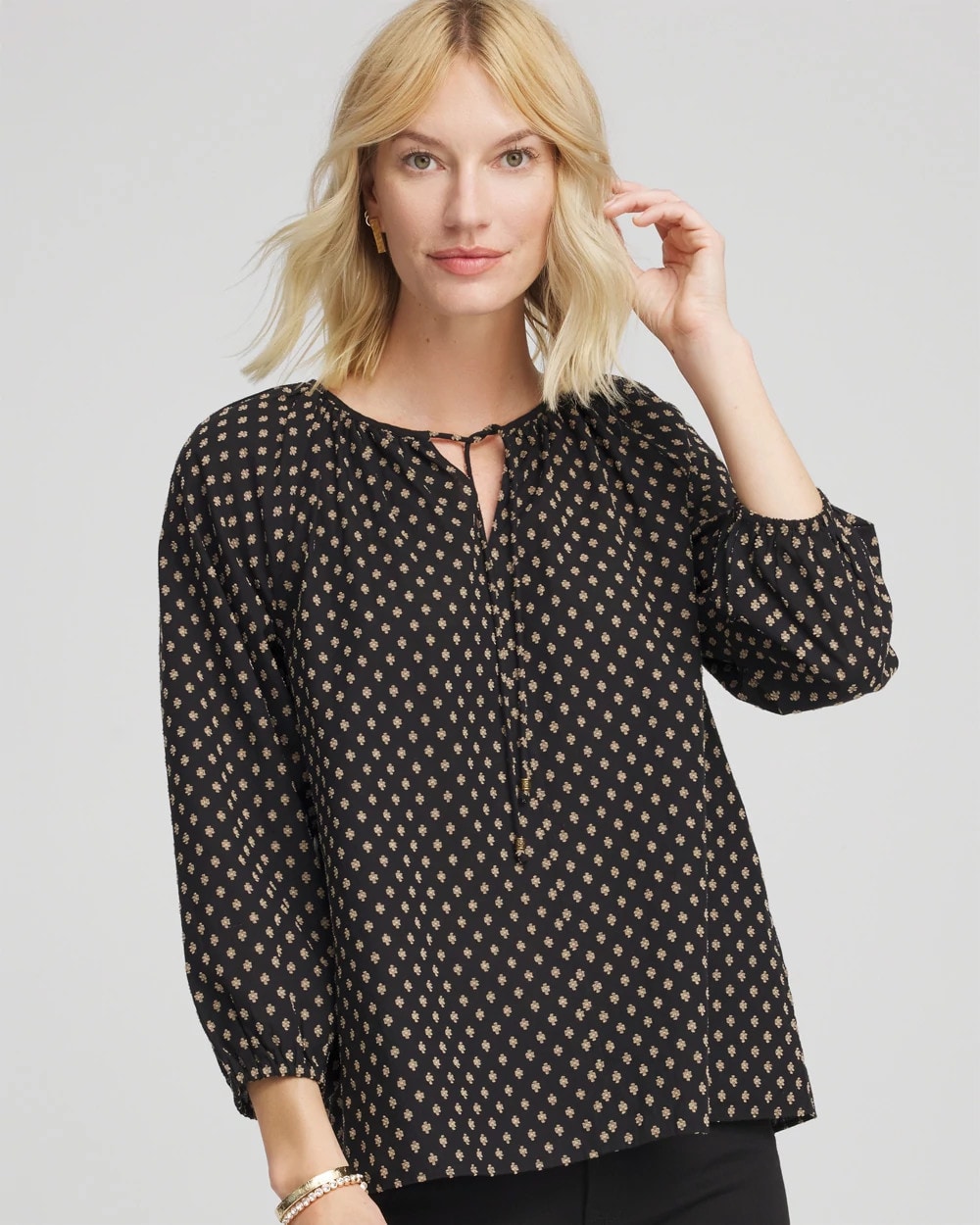 Chico's | Floral Print Tie-Neck Top/ Black