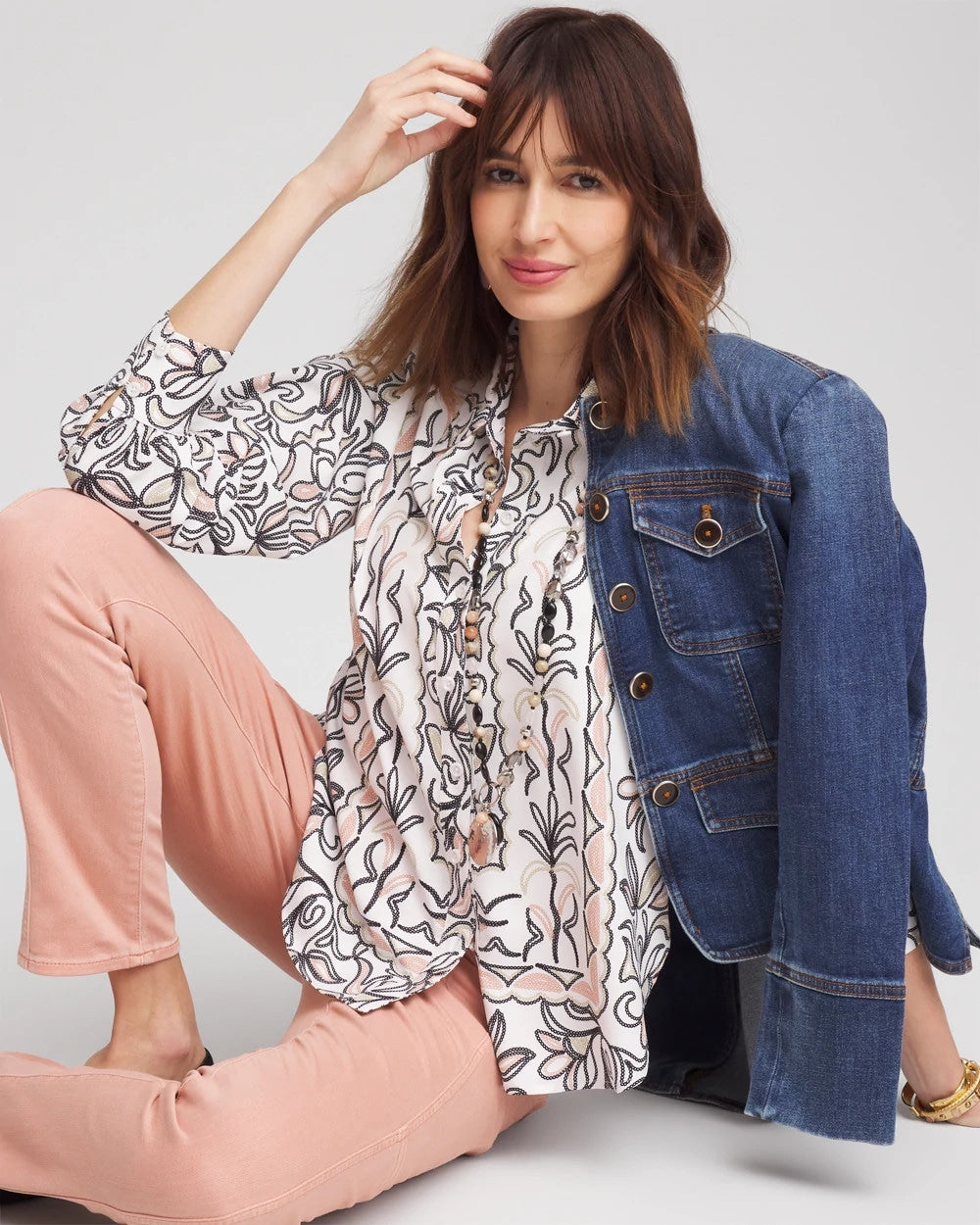 Chico's | Faux Silk Floral Collared Shirt/ French Blush