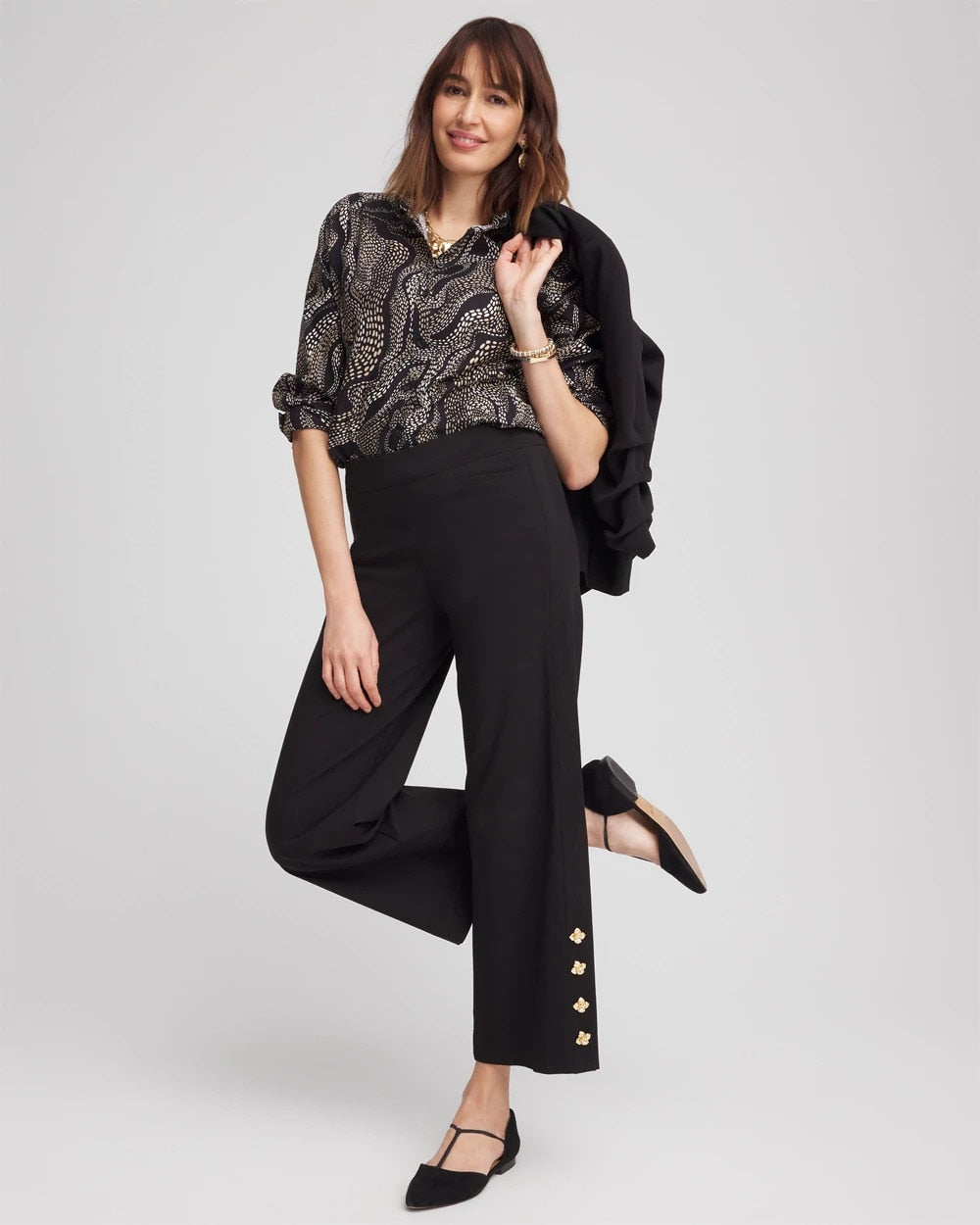 Chico's | No Iron™ Sateen Swirls Print Shirt/ Black