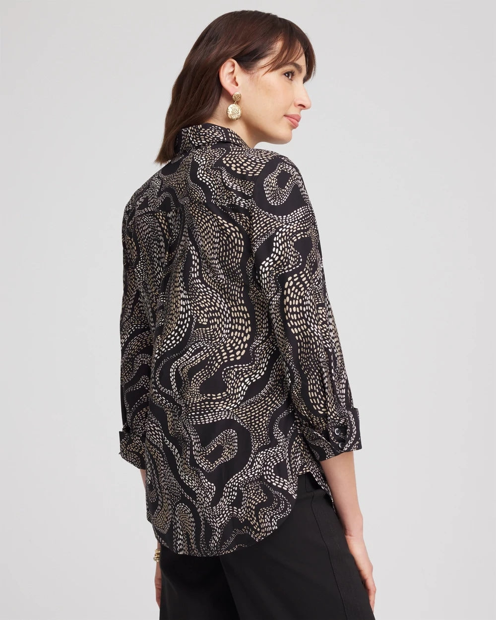Chico's | No Iron™ Sateen Swirls Print Shirt/ Black