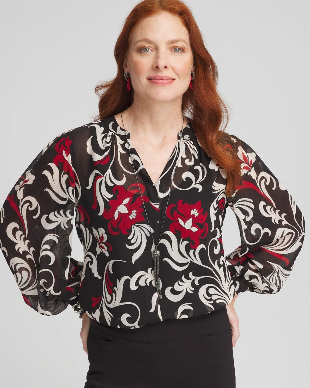Chico's | Crinkle Chiffon Floral Blouse/ Black