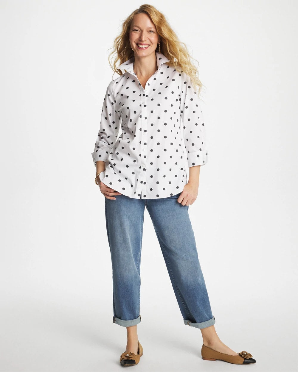 Chico's | No Iron™ Stretch Perfect Dots Shirt/ Optic White