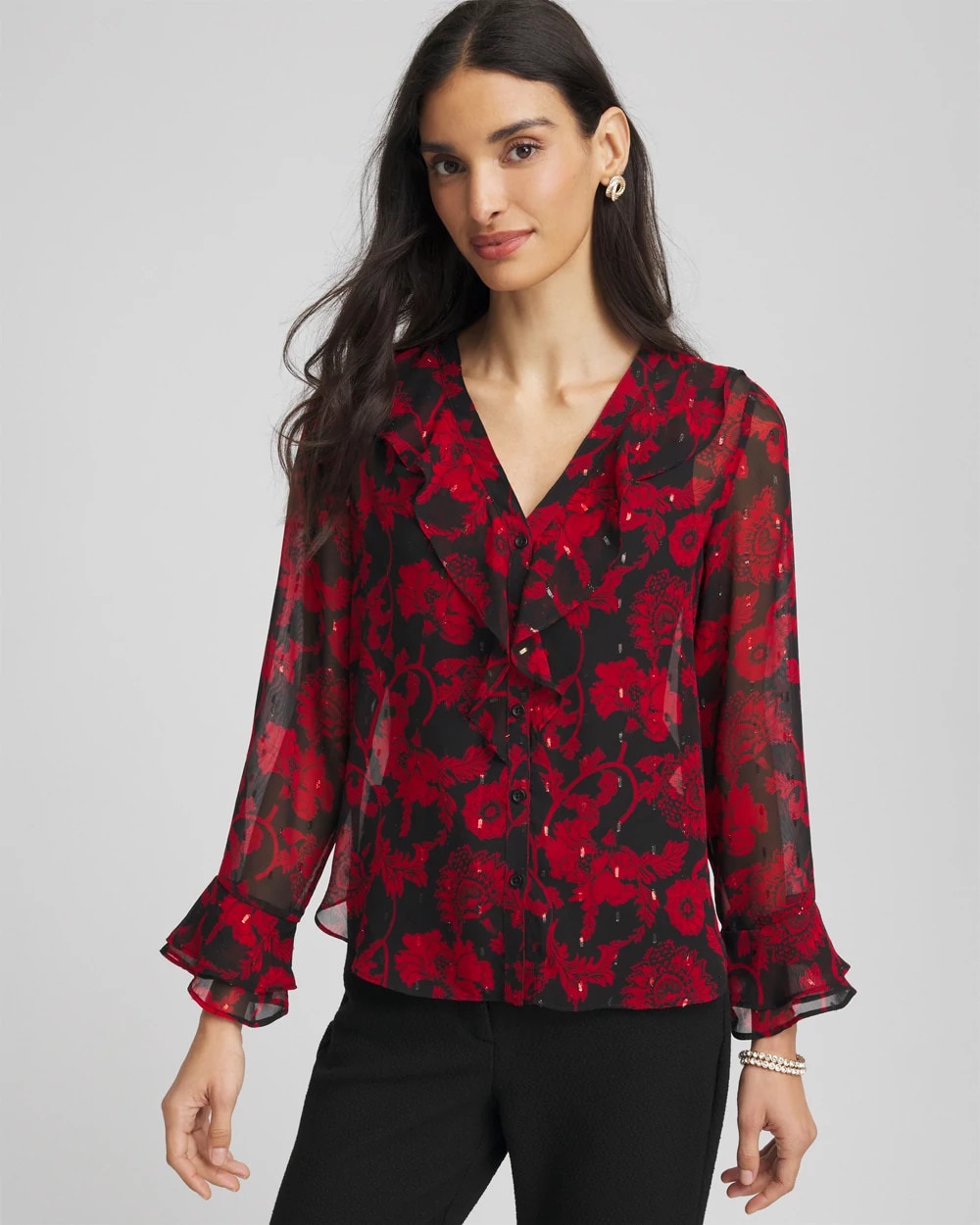 Chico's | Georgette Clip Dot Ruffle Blouse/ Carmine Red