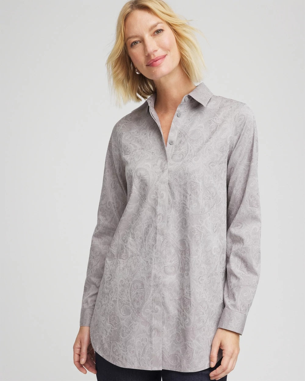 Chico's | No Iron™ Lace Jacquard Stretch Tunic/ Moon Shade Gray
