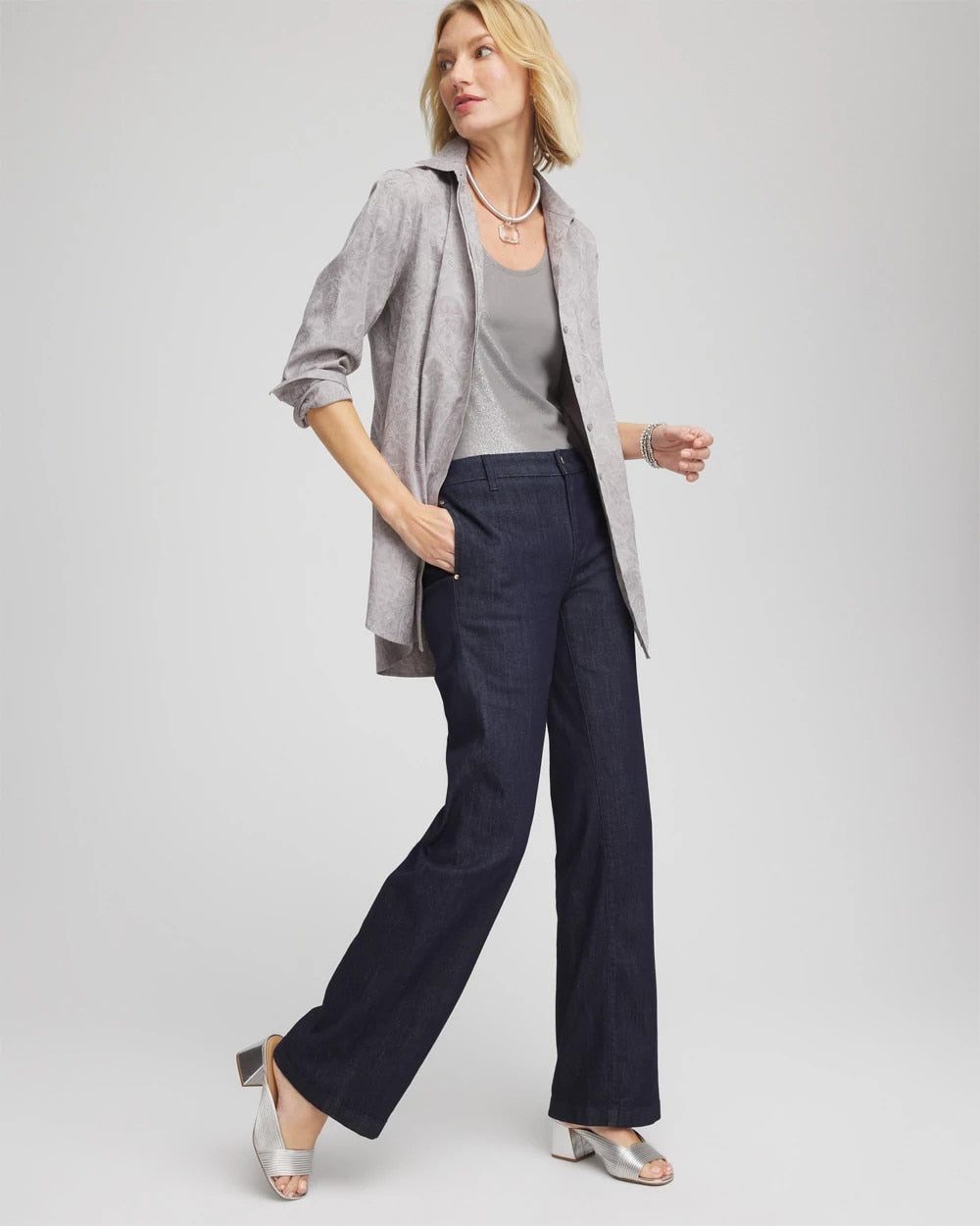 Chico's | No Iron™ Lace Jacquard Stretch Tunic/ Moon Shade Gray