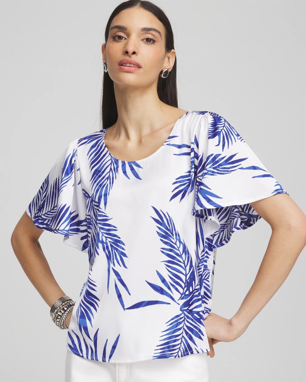 Chico's | Flutter Sleeve Satin Top/ Blue Casa