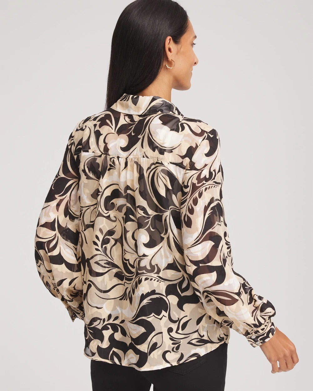 Chico's | Floral Burnout Blouson-Sleeve Blouse/ Black