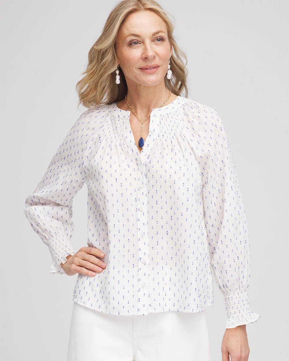 Chico's | Smocked Split-neck Blouse/ Blue Casa