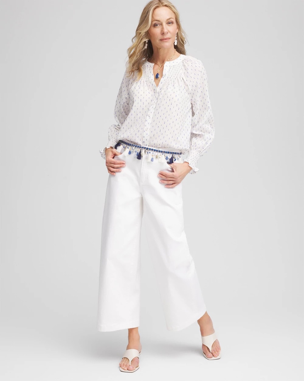 Chico's | Smocked Split-neck Blouse/ Blue Casa