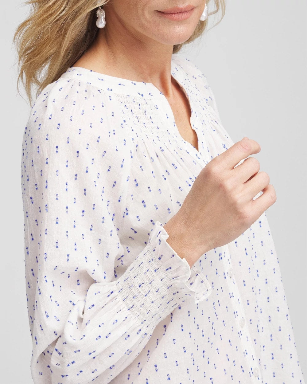 Chico's | Smocked Split-neck Blouse/ Blue Casa