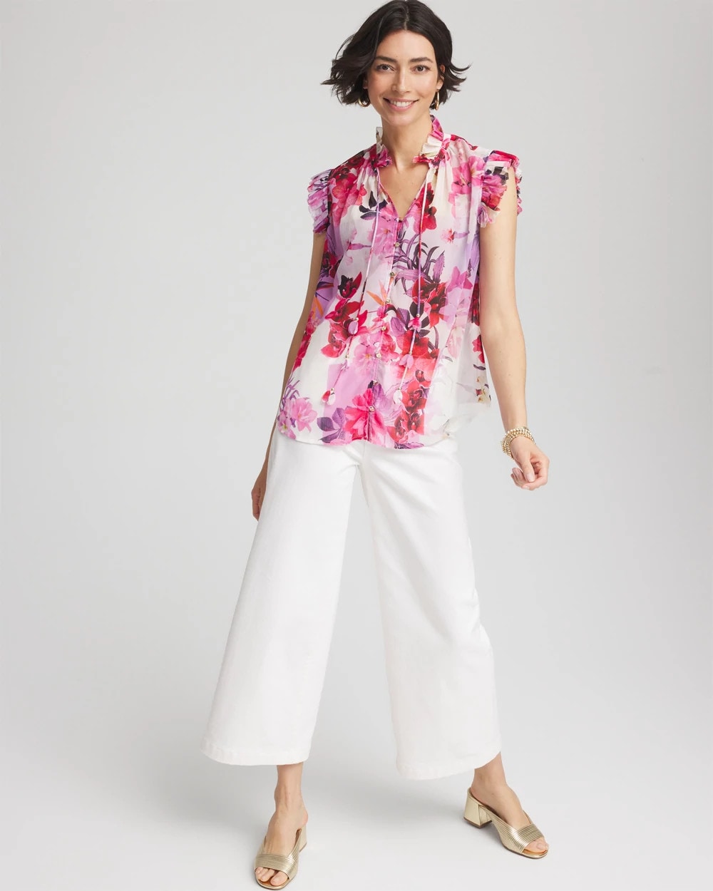 Chico's | Floral Ruffle Collar Blouse/ Plum Shade