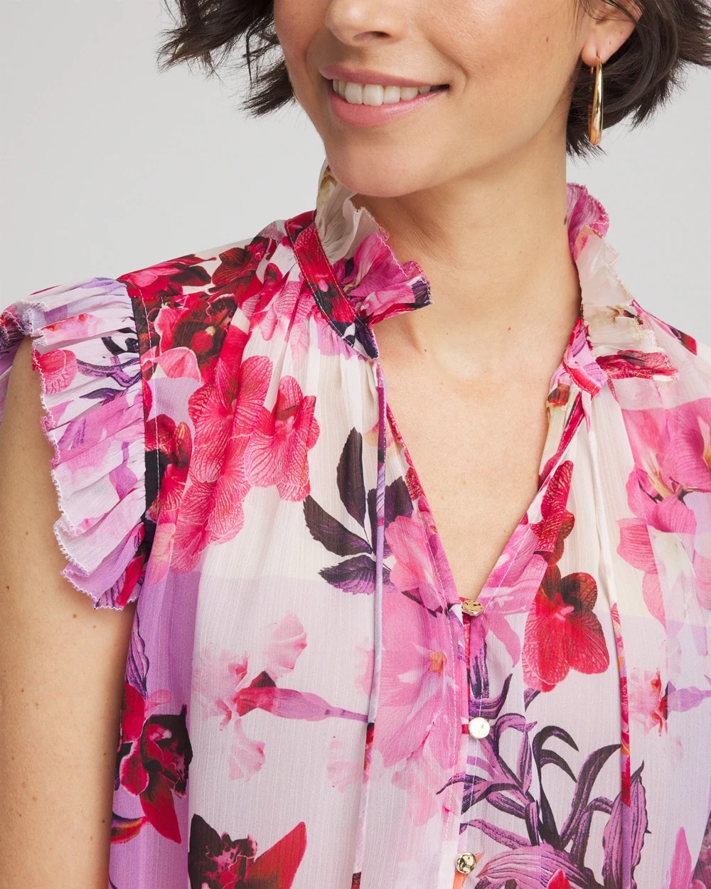 Chico's | Floral Ruffle Collar Blouse/ Plum Shade