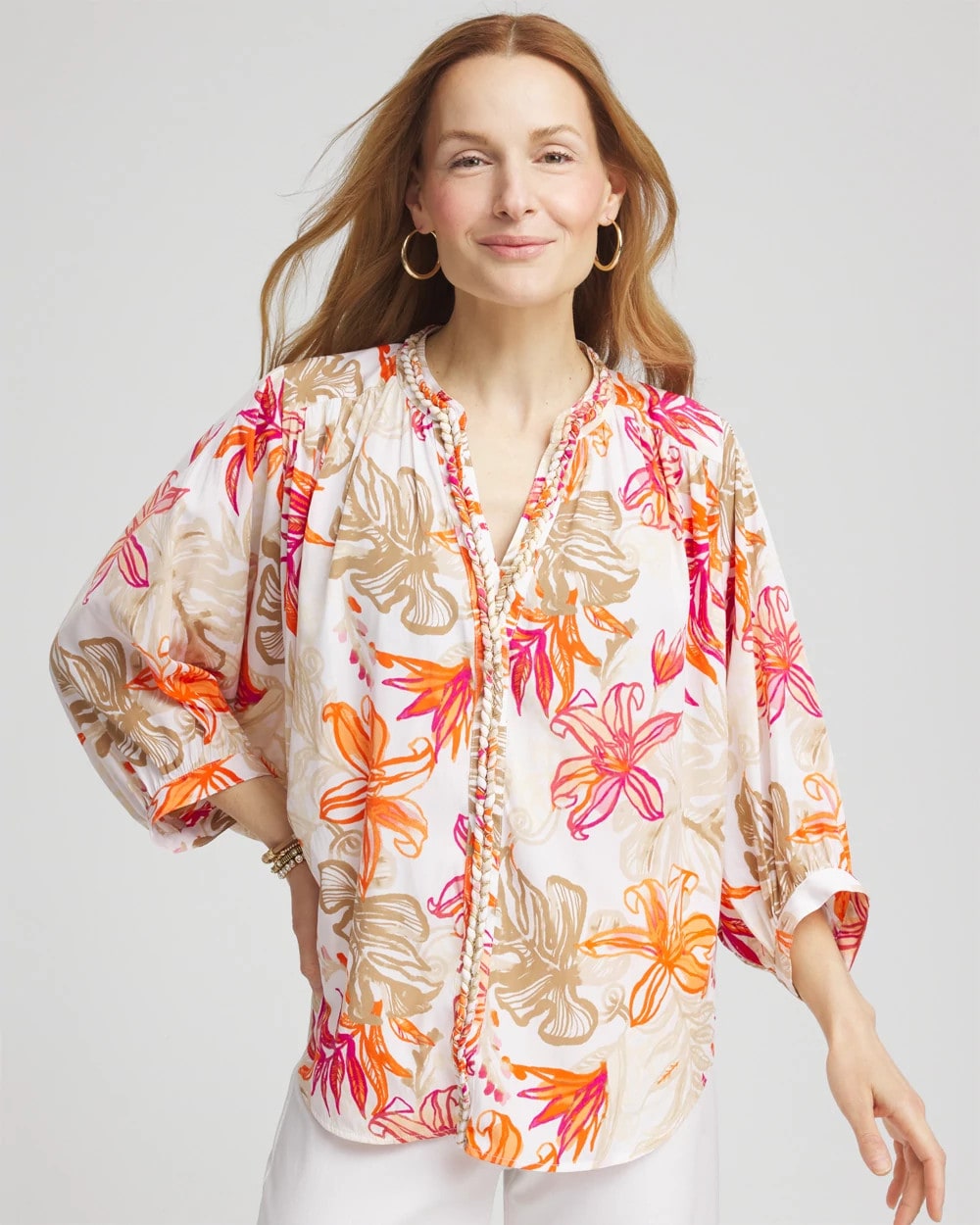 Chico's | Floral Braided Batwing Blouse/ Crushed Berries