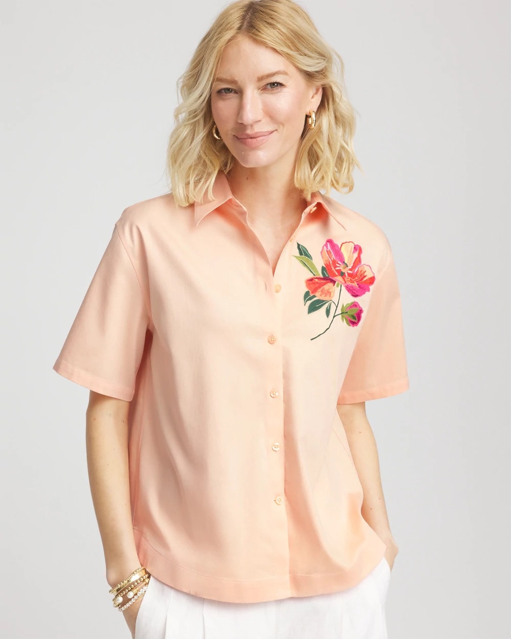 Chico's | No Iron™ Embroidered Floral Short-Sleeve Shirt/ Sunset Peach