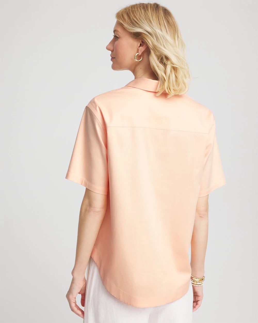 Chico's | No Iron™ Embroidered Floral Short-Sleeve Shirt/ Sunset Peach