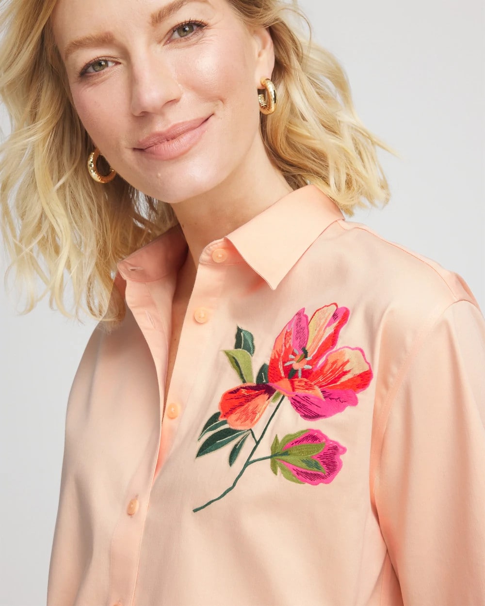 Chico's | No Iron™ Embroidered Floral Short-Sleeve Shirt/ Sunset Peach