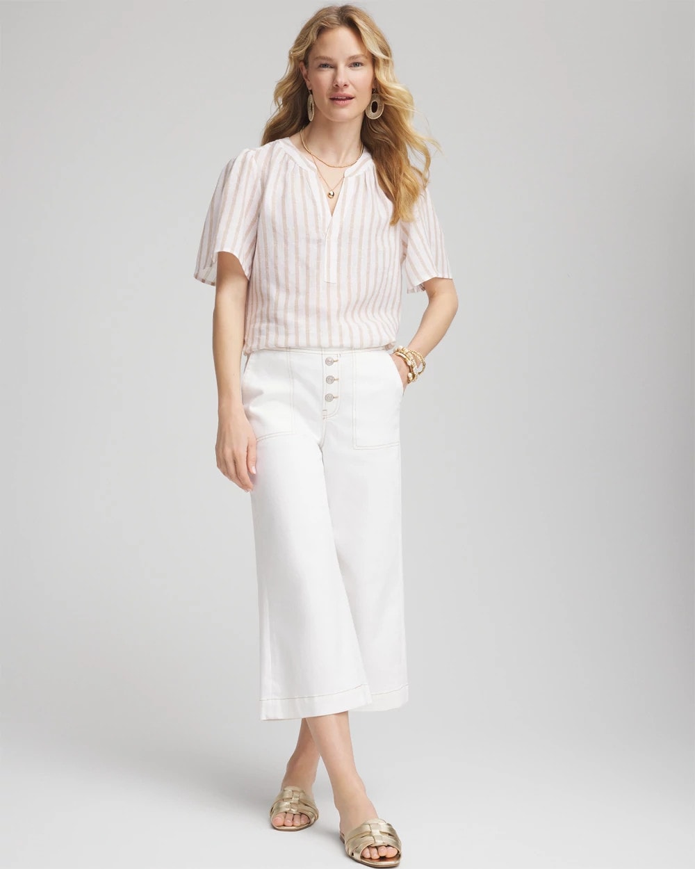 Chico's | Striped Linen Popover Shirt/ Sycamore