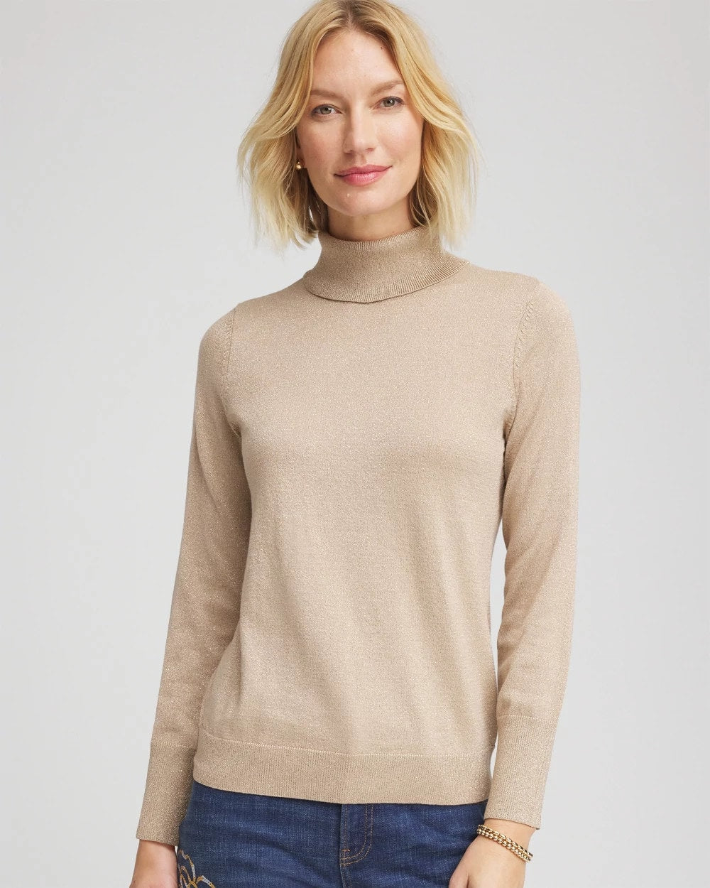 Chico's | Metallic Turtleneck Pullover Sweater/ Champagne Fizz