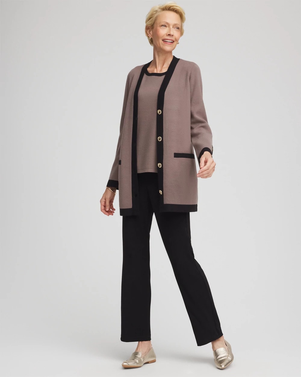 Chico's | Travelers™ Tipped Button-Down Cardigan/ Deep Taupe