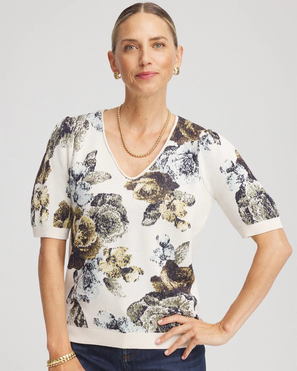 Chico's | Floral V-Neck Sweater Tee/ English Cream