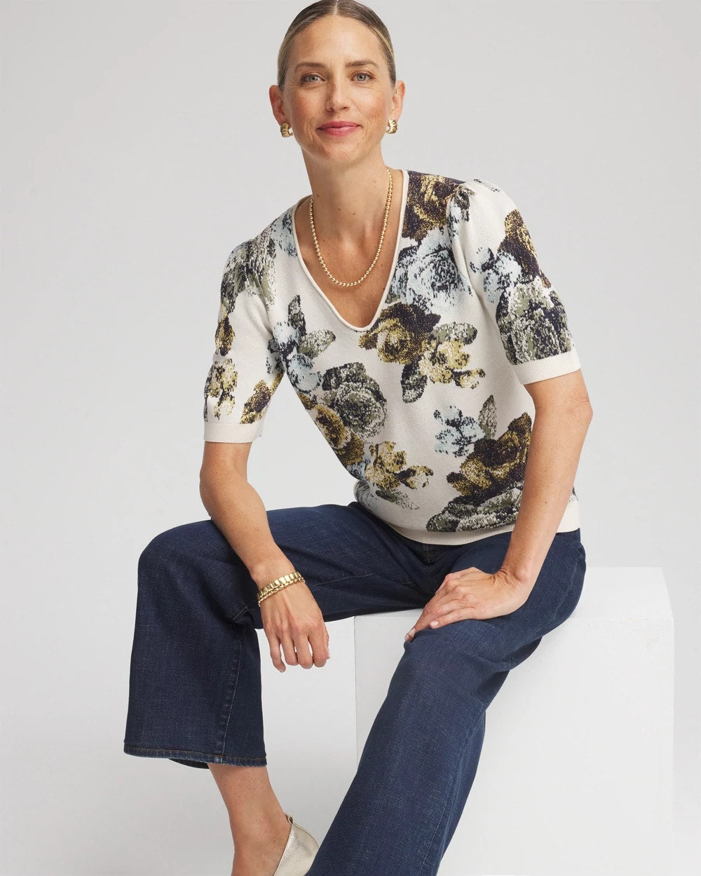 Chico's | Floral V-Neck Sweater Tee/ English Cream