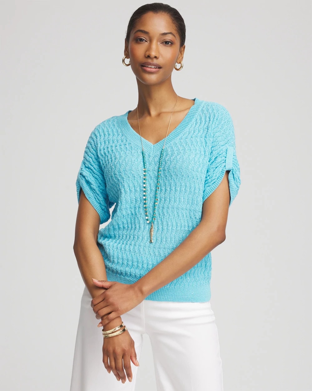 Chico's | Sequin V-Neck Pullover Sweater/ Paradiso Blue