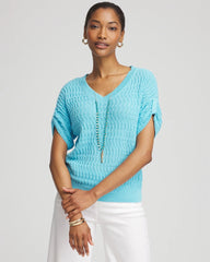 Chico's | Sequin V-Neck Pullover Sweater/ Paradiso Blue