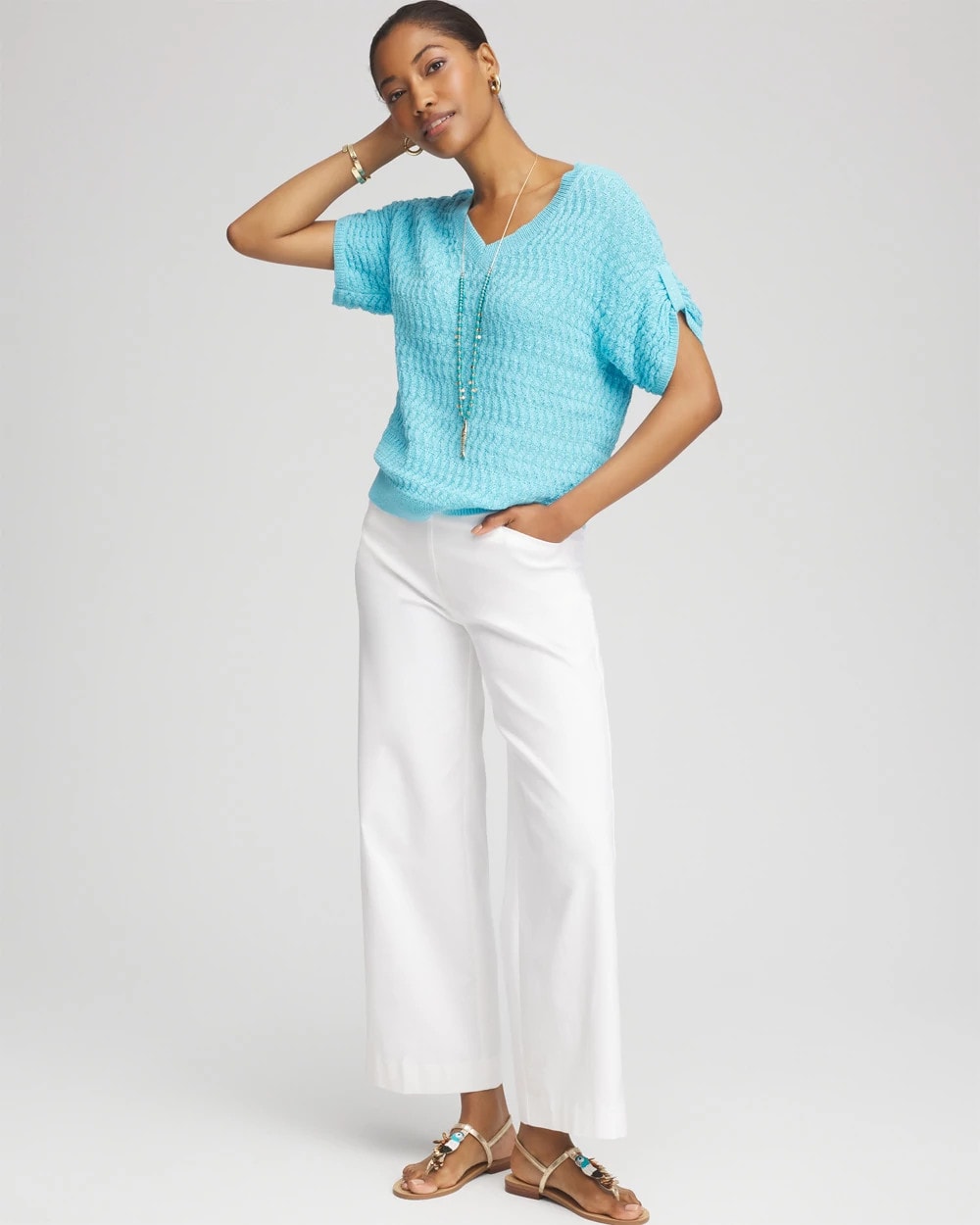 Chico's | Sequin V-Neck Pullover Sweater/ Paradiso Blue
