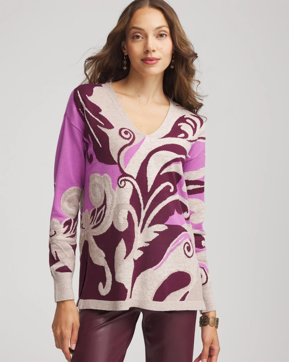 Chico's | Intarsia Knit V-Neck Pullover Sweater/ Gooseberry