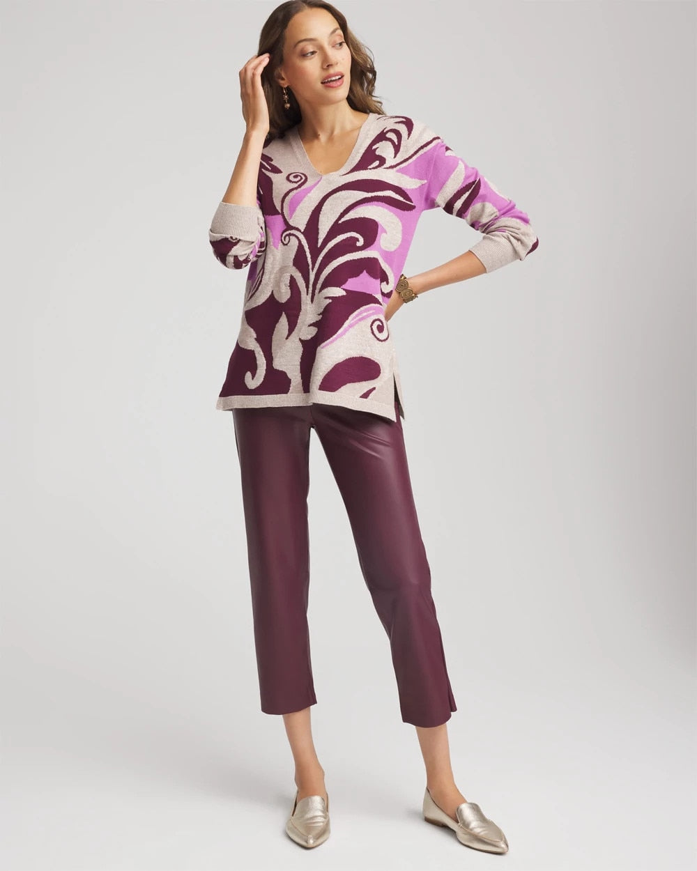Chico's | Intarsia Knit V-Neck Pullover Sweater/ Gooseberry