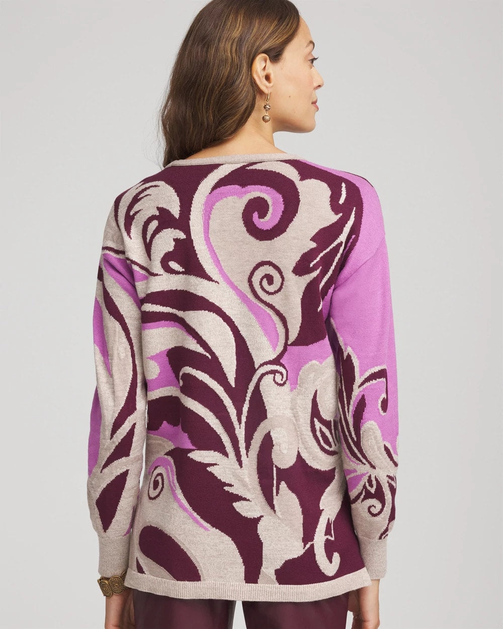 Chico's | Intarsia Knit V-Neck Pullover Sweater/ Gooseberry