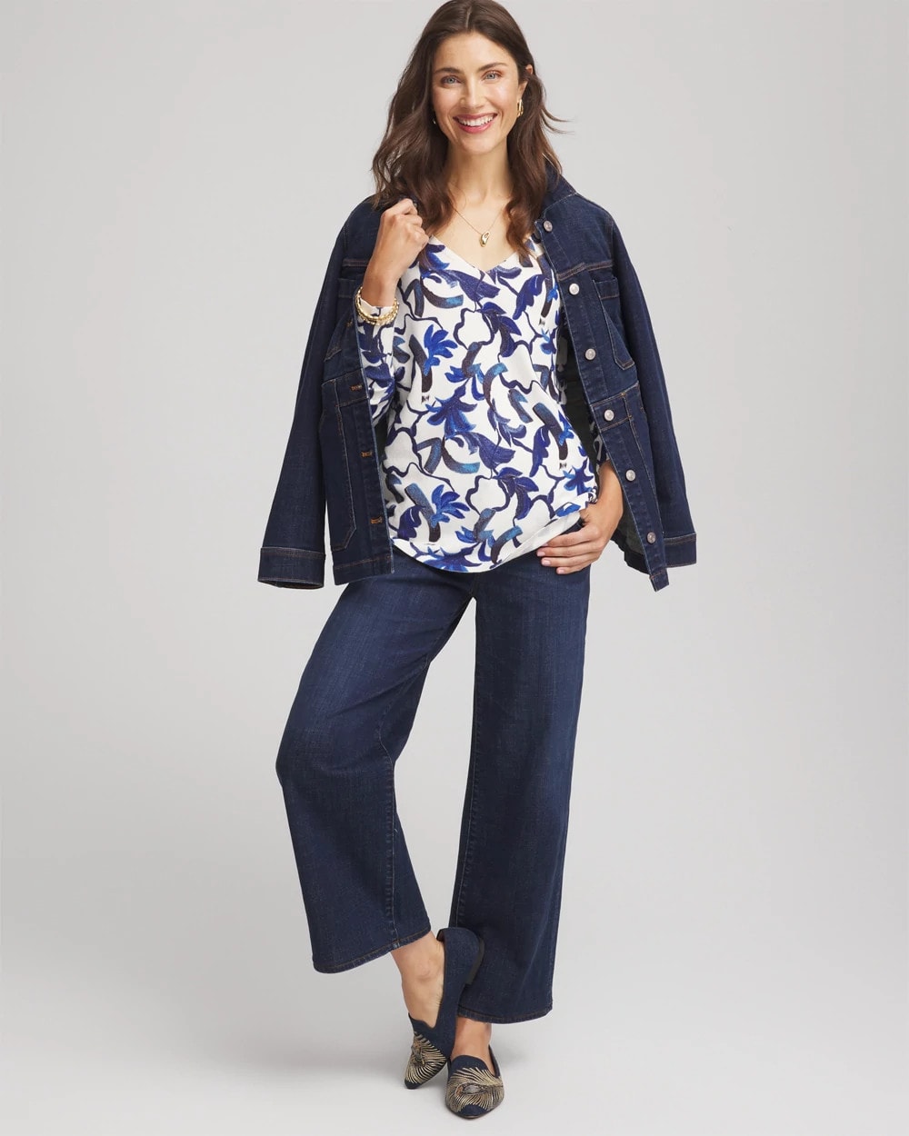 Chico's | Ella V-Neck Blue-Petals Pullover Sweater/ Ecru