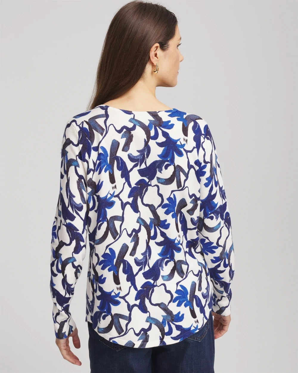 Chico's | Ella V-Neck Blue-Petals Pullover Sweater/ Ecru