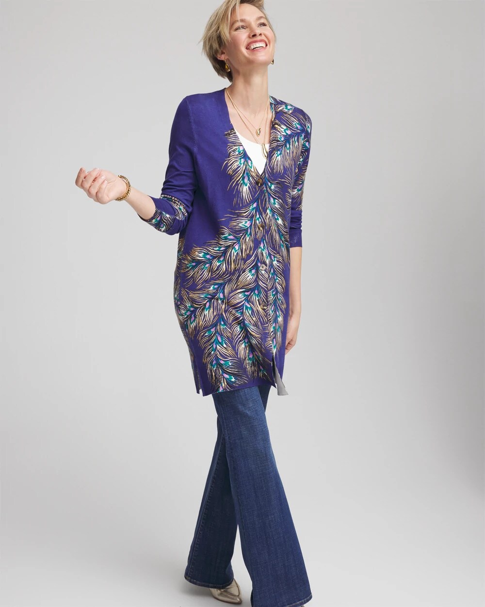 Chico's | Ella Peacock-Print Cardigan Sweater/ Dark Cobalt