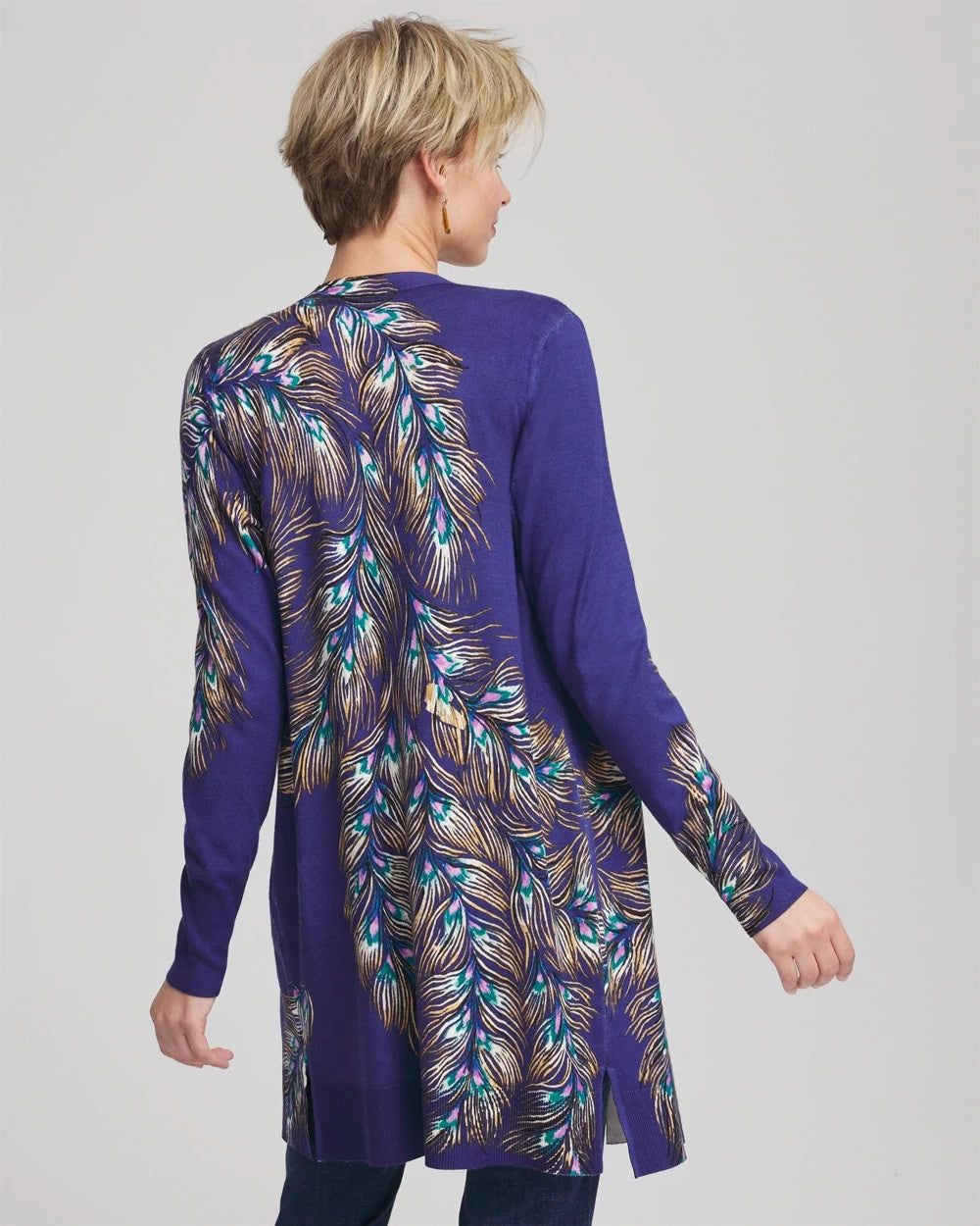 Chico's | Ella Peacock-Print Cardigan Sweater/ Dark Cobalt