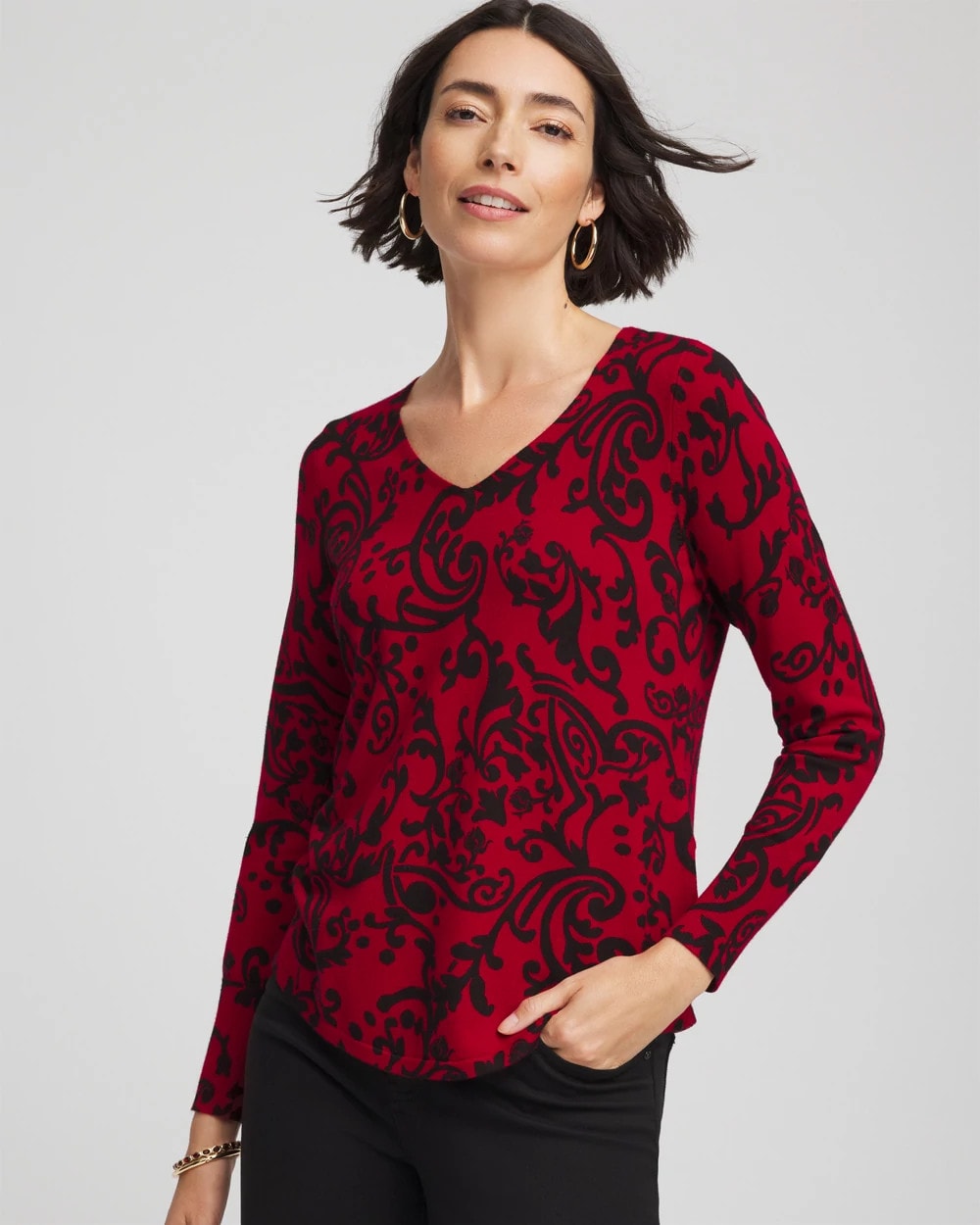 Chico's | Ella Printed V-Neck Sweater/ Carmine Red