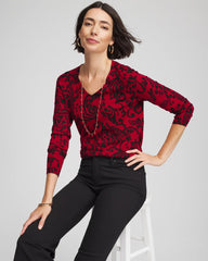 Chico's | Ella Printed V-Neck Sweater/ Carmine Red