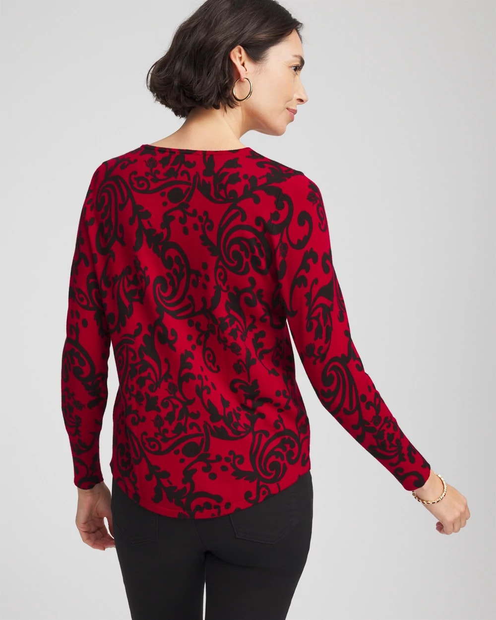Chico's | Ella Printed V-Neck Sweater/ Carmine Red