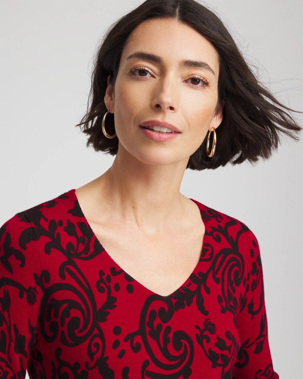 Chico's | Ella Printed V-Neck Sweater/ Carmine Red