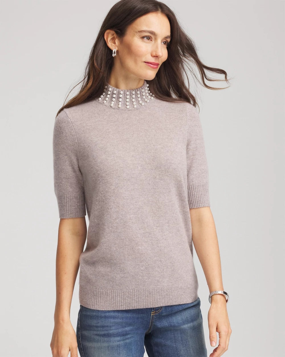 Chico's | Cashmere Pearl Mockneck Sweater/ Taupe Heather