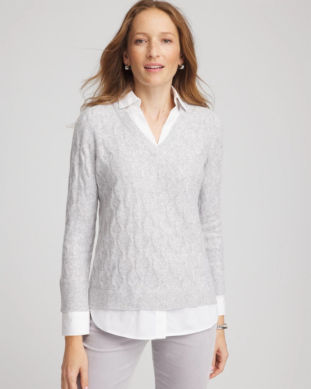 Chico's | Classic Built-In Shirt Knit Sweater/ Classic Gray