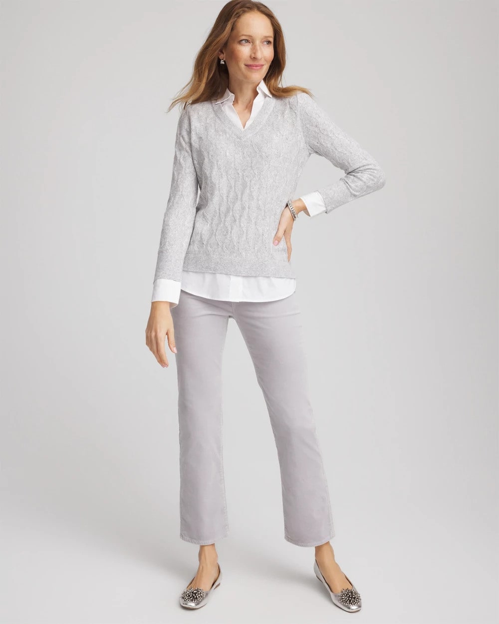Chico's | Classic Built-In Shirt Knit Sweater/ Classic Gray