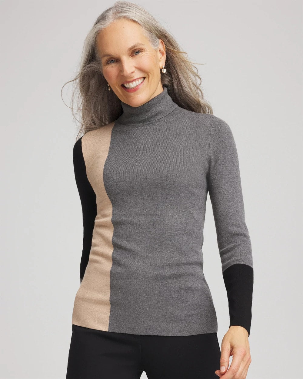 Chico's | Ella Colorblock Intarsia Turtleneck Sweater/ Black