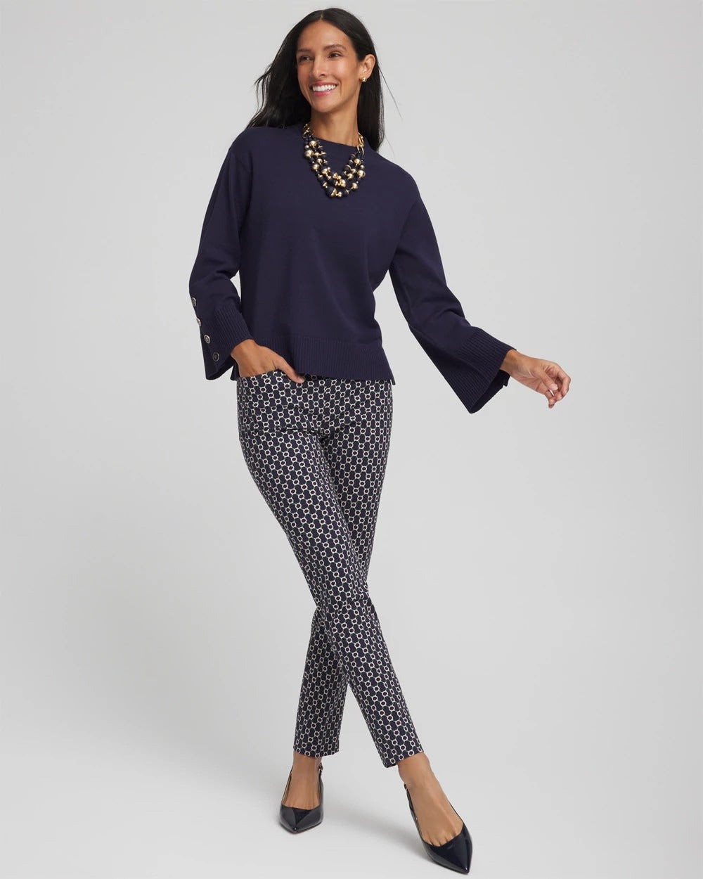 Chico's | Button Sleeve Crewneck Pullover/ Passport Blue