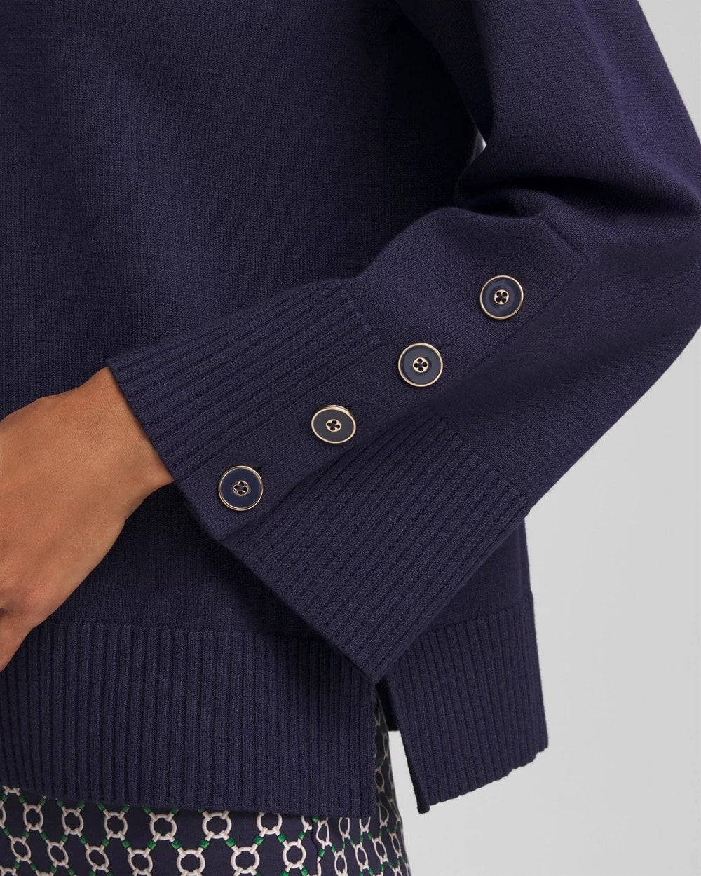 Chico's | Button Sleeve Crewneck Pullover/ Passport Blue