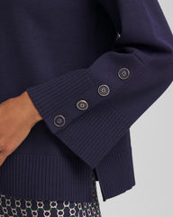 Chico's | Button Sleeve Crewneck Pullover/ Passport Blue