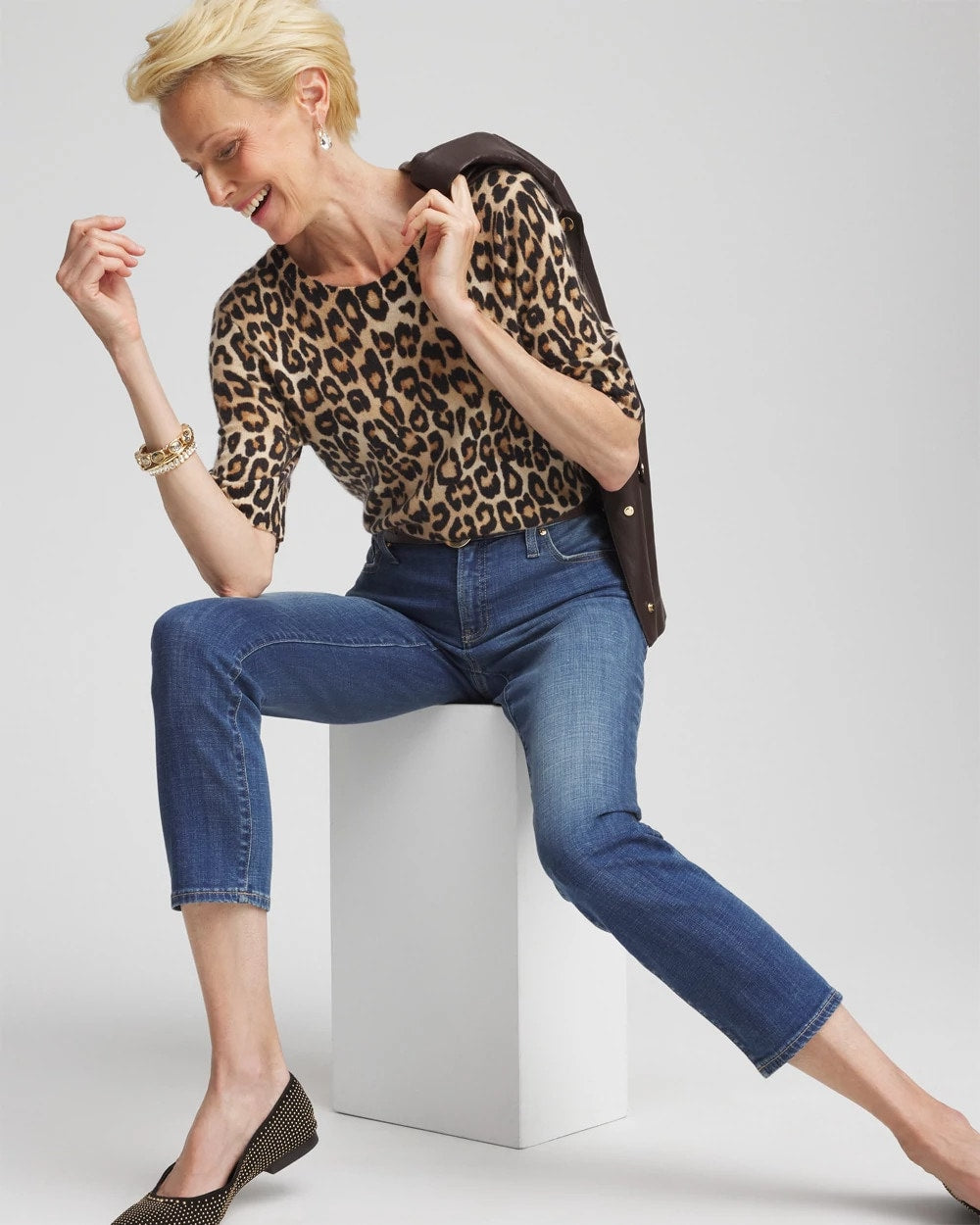 Chico's | Cashmere Animal Elbow-Sleeve Pullover/ Camel