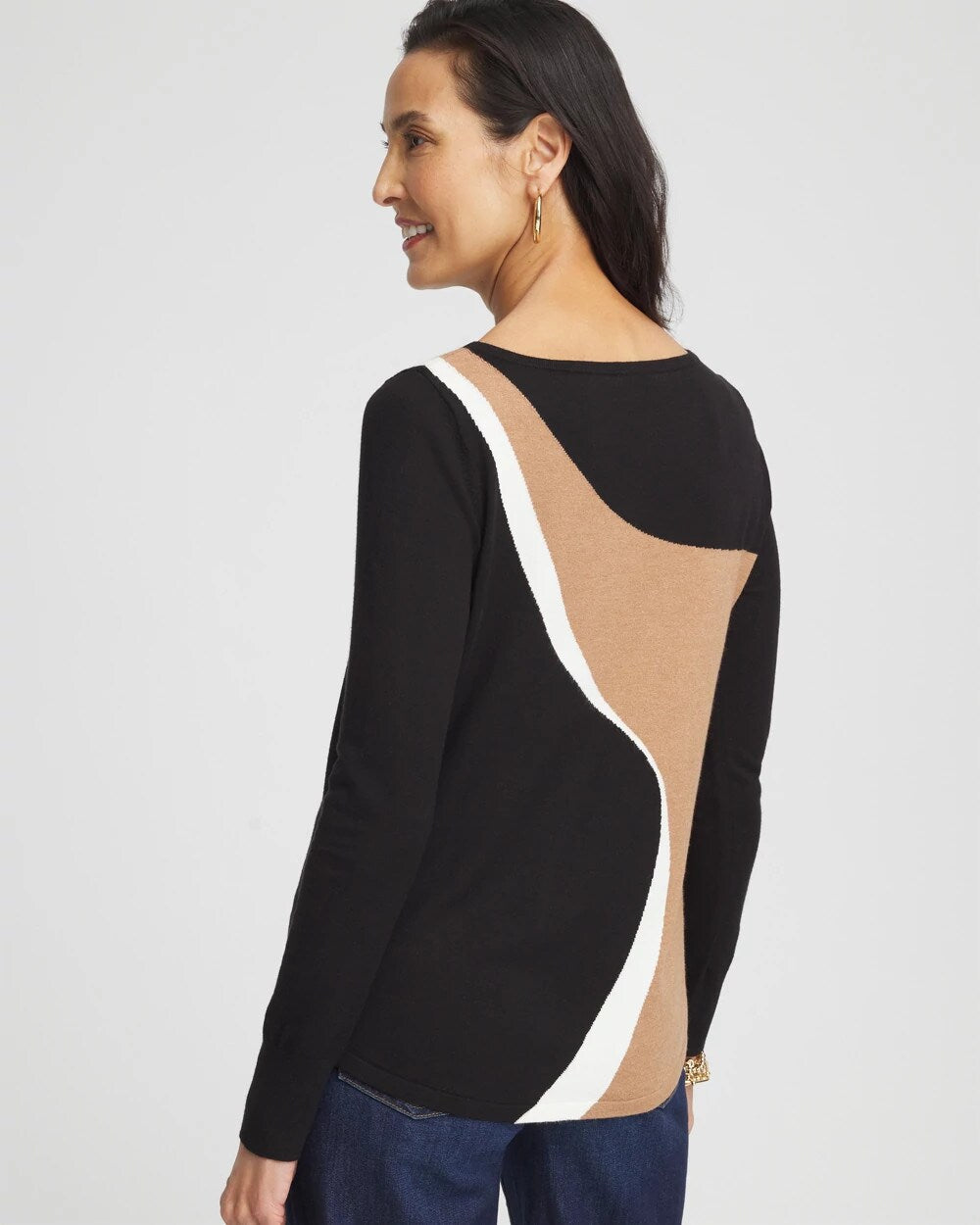 Chico's | Intarsia Colorblock Bateau Neck Sweater/ Black
